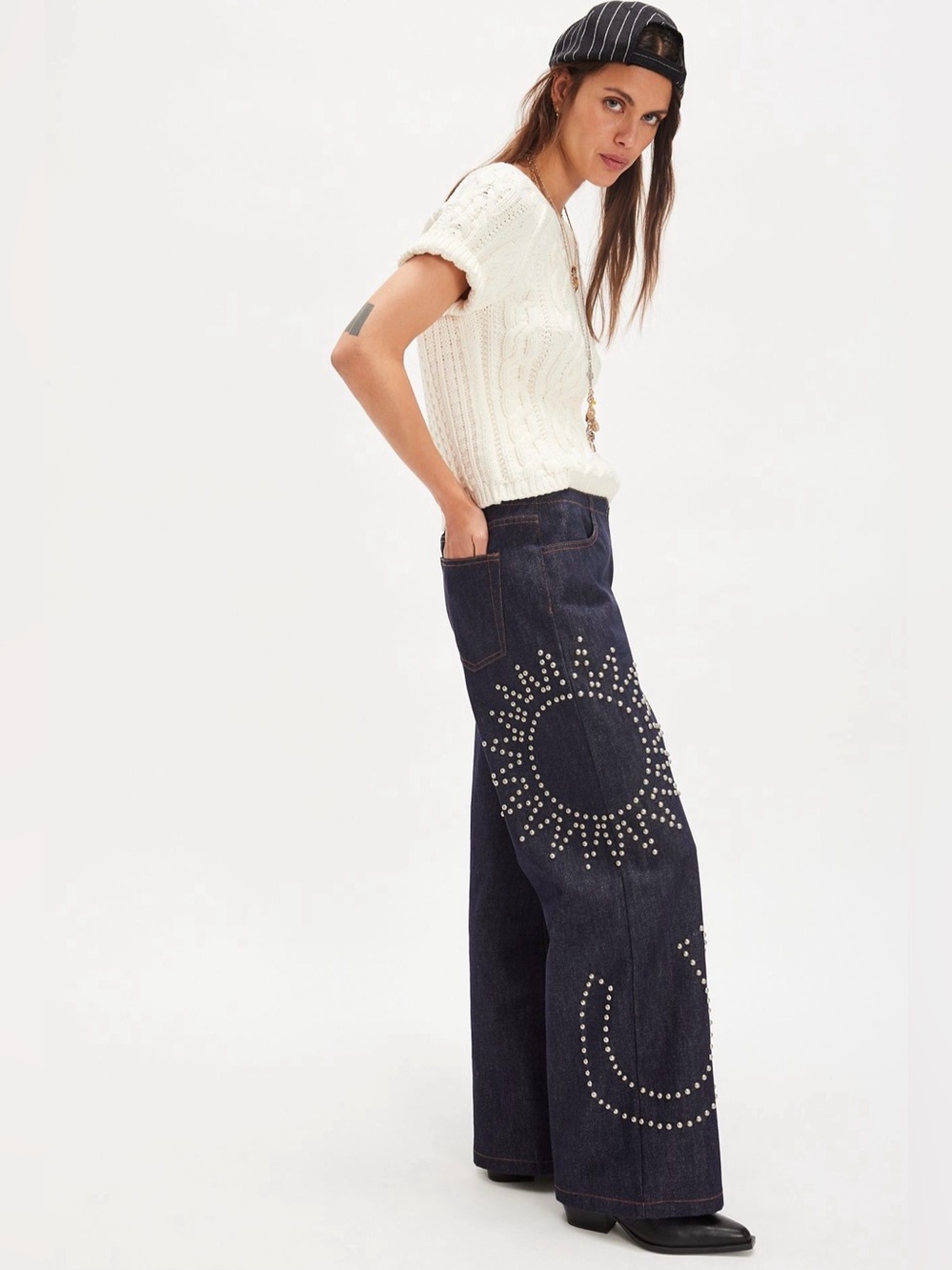 Free People Understated Leather Texas Jeans Studded Scene Zip Dark Indigo